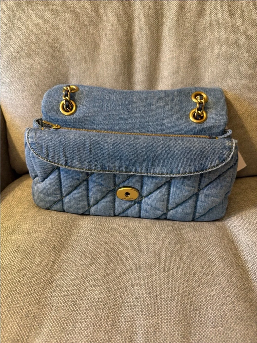 Coach Quilted Denim Shoulder Bag with Gold Chain - Light Blue 26 size